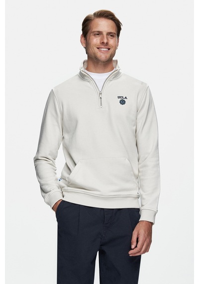 Ucla Leon Bej Yarım Fermuar Nakışlı Standard Fit Erkek Sweatshirt Bej