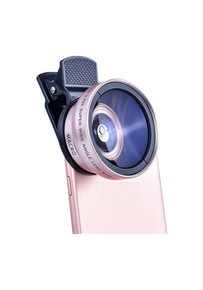 2'si 1 Arada Klipsli Telefon Kamera Lensi 0.45x Ultra Geniş Açı 10x Makro 37mm Evrensel 49mm Uv Port Rose Gold