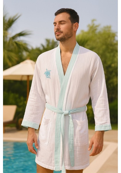 Baskılı Müslin Kimono Bornoz Unisex %100 Pamuk Yumuşacık 2 Katlı Doğal Kumaş - Ztmbb10 Turkuaz