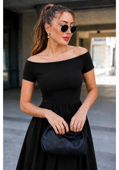 Butik İstanbul Kadın Madonna Yaka Kısa Kollu Kısa Janjan Krep Elbise Siyah
