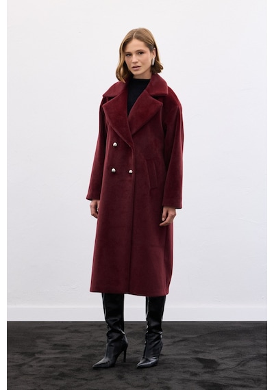 Sateen Düğme Detaylı Uzun Kaban - Bordo-136604 Bordo