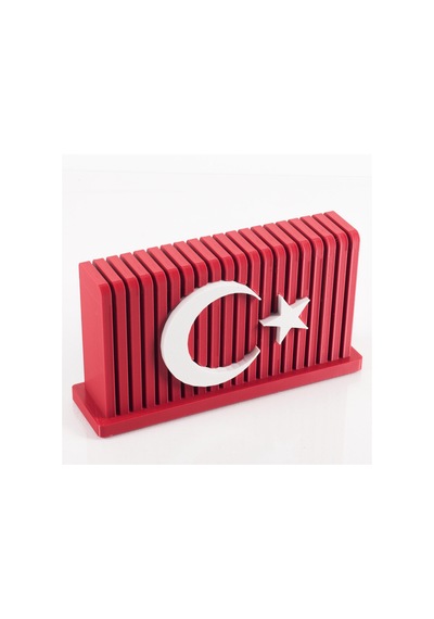 Vera Türk Bayraklı Gümüş Ahşap Masa İsimliği Seti Çizgi Desenli Ofis Dekoratif Masa Üstü İsimlik