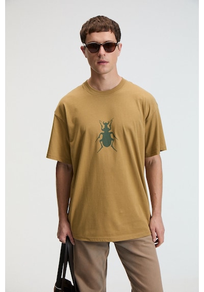 Grimelange BOLD Erkek %100 Pamuk Oversize Fit Baskılı Kısa Kollu Yuvarlak Yakalı Koyu Bej T-Shirt