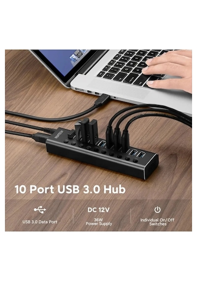 Alüminyum 5 Gbps 10 Port Usb 3.0 Data Hub 12w 3a Power Adaptör Çevirici Dönüştürücü 10 Girişli