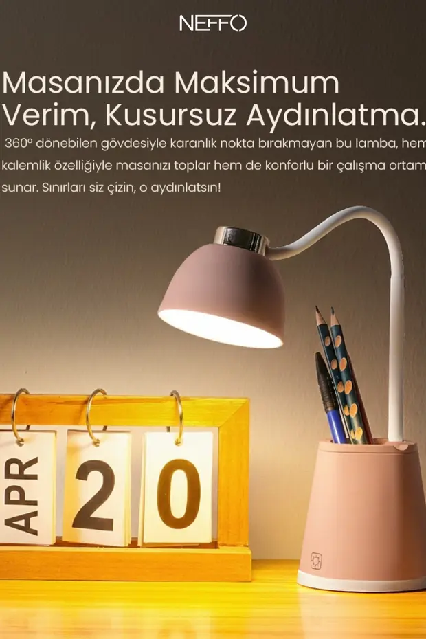 Şarjlı Dokunmatik Led Çalışma Okuma Işığı Flexible Masa Lambası 3 Kademeli Açık Pembe