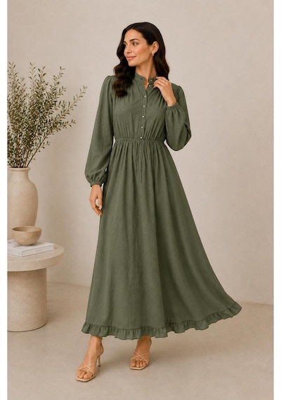 Hira Life Fashion Kadın Çilek Kumaş Ve Önü Düğmeli Eteği Fırfırlı Hakim Yaka Elbise Haki Haki Hira Life Fashion Kadın Çilek Kumaş Ve Önü Düğmeli Eteği Fırfırlı Hakim Yaka Elbise Haki Haki