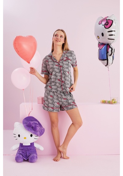 Siyah İnci Lisanslı %100 Pamuk Çok Renkli Düğmeli Biyeli Şort Pijama Takım Hk150 Gri