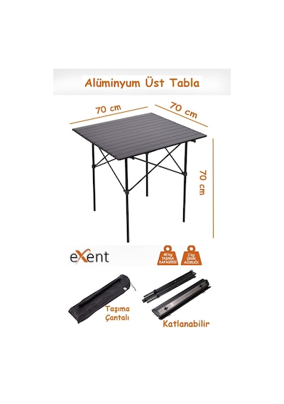 Exent Katlanır Kamp Masası, Suya Yağmura Dayanıklı Piknik Masası, Taşıma Çantalı - 70 Cm Çok Renkli