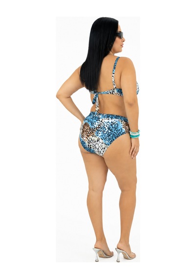 Büyük Beden Desenli Sabit Kaplı Toparlayıcı Yüksek Bel Kadın Bikini Takım Mavi