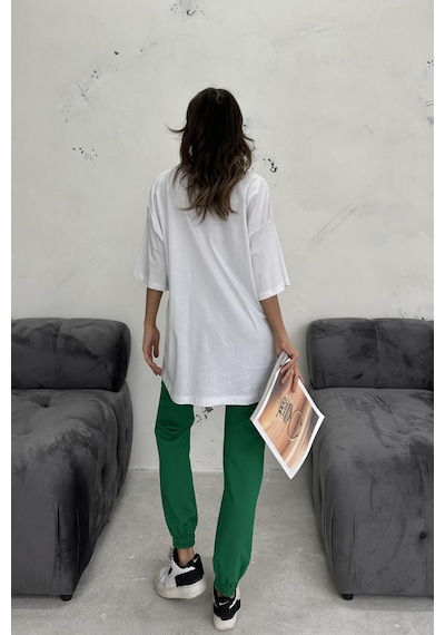 WeShaya Kadın Beyaz Yeşil Baskılı Lycra Oversize İkili Takım Beyaz