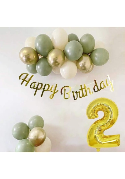 2 Yaş Küf Yeşili Deniz Kumu Ve Krom Gold Balonlu Konsept Doğum Günü Seti
