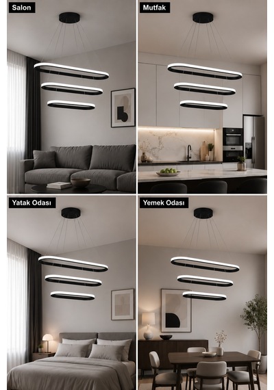 AvizeGO Elipso 3'lü Led Sarkıt Avize Beyaz Işık Siyah