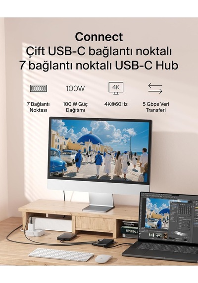 Lexroo Usb-c Hub, 7 Portlu, 60 Hz De 4k Hdmı Ekran Desteği, Sd Ve Microsd Yuvaları, 100w Güç İletimi