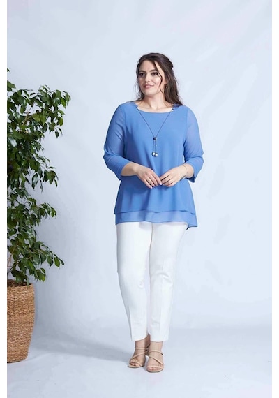 Moda Berray 1934 Kolyeli Şifon Büyük Beden Şık Bluz İndigo
