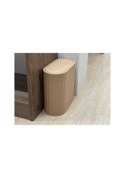 Alvera Decor Yivli Oval Çöp Kutusu Sallanır Kapaklı Banyo Tuvalet Mutfak Ofis Kovası 24x12x23 Cm Bej