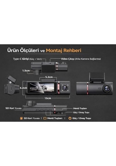 4k Ultra Hd 3 Kameralı Araç Kamerası, Wifi Ve Gps Takipli, Gece Görüşlü, G-sensörlü, Ön + İç + Arka Kayıt