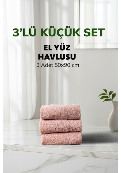 3 Lü Çizgili Pudra Renk Yumuşak Pamuk El Yüz Havlusu Seti 50x90 Cm