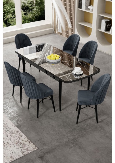 Canisa Gale Serisi 80x132 Açılabilir Lak Panel Siyah Mermer Desen Mutfak Masa Takımı 6 Antrasit Sandalye Masa Siyah Mermer Desen Sandalye Antrasit Canisa Gale Serisi 80x132 Açılabilir Lak Panel Siyah Mermer Desen Mutfak Masa Takımı 6 Antrasit Sandalye Masa Siyah Mermer Desen Sandalye Antrasit