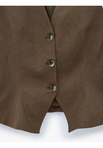 Koton Keten Karışımlı Slim Fit Düğmeli V Yaka Yelek Kahverengi 6sak20067pw Kahve