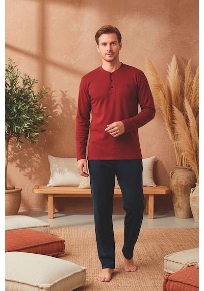 Kompedan Erkek Patlı Yaka Kareli Pamuklu Pijama Takımı Bordo Bordo