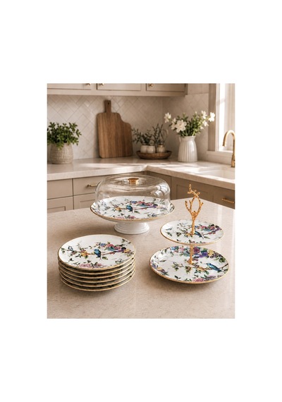 Flora 8 Parça Kuş Desenli Seramik Pasta Sunum Tabağı Seti Çok Renkli