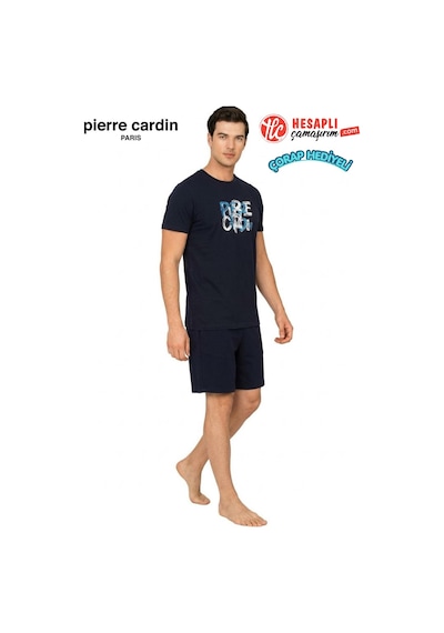 Pierre Cardin Paris Premium Erkek %100 Pamuk Baskılı Yazlık Rahat Kesim Şortlu Pijama Takımı Lacıvert