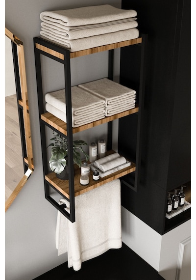 Aju Havluluk Duvar Rafı 3 Katlı Raf Banyo Mutfak Düzenleyici Modern Geniş Depolama Rafı Şık Havlu Askıssı Siyah
