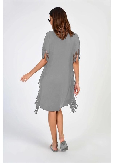 Aqe Fashion Kadın Geniş Yaka Kuş Tüyü Desenli Paça Püsküllü Gri Elbise Gri