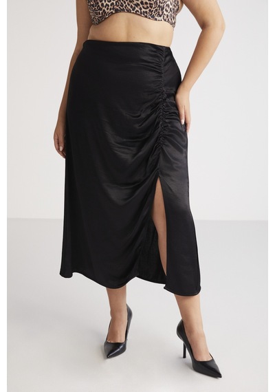 ETHIQUET JENA Kadın Kabarcıklı Saten Görünümlü Drape Detaylı Yırtmaçlı Midi Siyah Büyük Beden Etek ETHIQUET JENA Kadın Kabarcıklı Saten Görünümlü Drape Detaylı Yırtmaçlı Midi Siyah Büyük Beden Etek