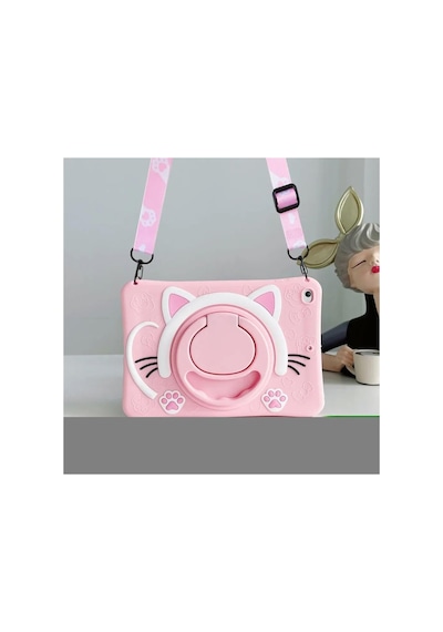 Covpor Standlı Askılı Karakterli Kedi Çocuk Kılıfı - Pembe Pembe Samsung Galaxy Tab S6 Lite P610 P620 İle Uyumlu