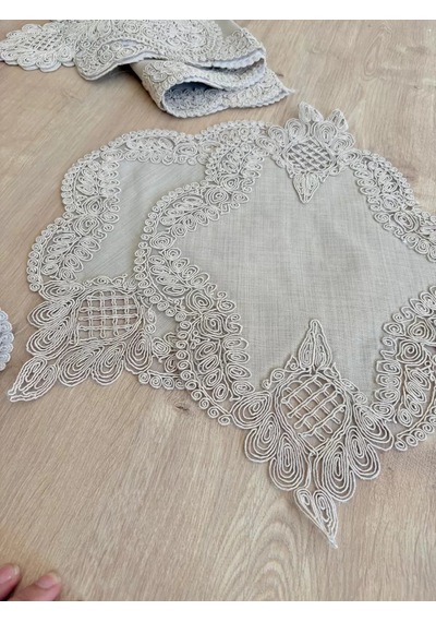 Salon Takımı Çeyizlik Krem Runner Set 5 Parça Keten Masa Örtüsü Runneri Gerdan Sarı