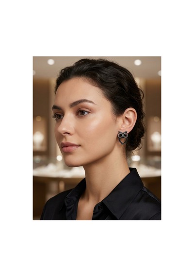 Taşlı Baykuş Figürlü Kadın Küpe Siyah - 935394313 Siyah