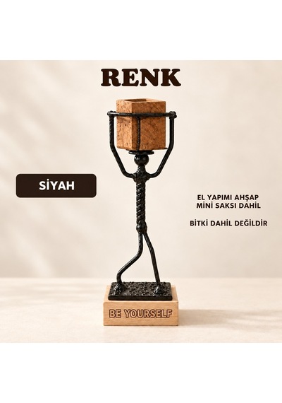 Kişiye Özel Sukulent Saksı Standı – Saksı Taşıyan Metal Heykel ve Ahşap Kaide SPH006