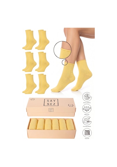 Saysez Bambu Kadın Lastiksiz Sarı Soket Dikişsiz Premium Çorap Kutulu 6'lı / İz Bırakmaz / Sıkmayan Çorap