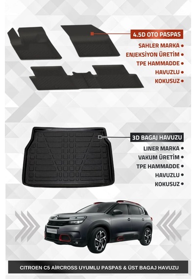 Sahler C5 Aircross 2019-2025 Uyumlu 4.5d Premium Havuzlu Oto Paspas Ve Liner Marka 3d Üst Bagaj Havu