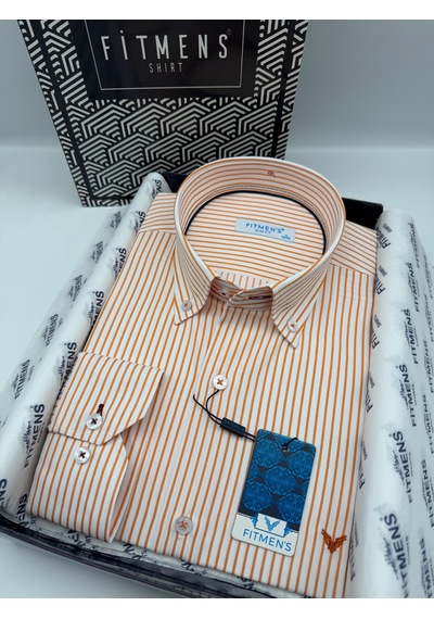 Slim Fit Uzun Kol Premium Çizgili Yaka Düğmeli Hediye Kutulu Erkek Gömlek Fs-004440 - Oranj-3178 Turuncu - Sarı Slim Fit Uzun Kol Premium Çizgili Yaka Düğmeli Hediye Kutulu Erkek Gömlek Fs-004440 - Oranj-3178 Turuncu - Sarı