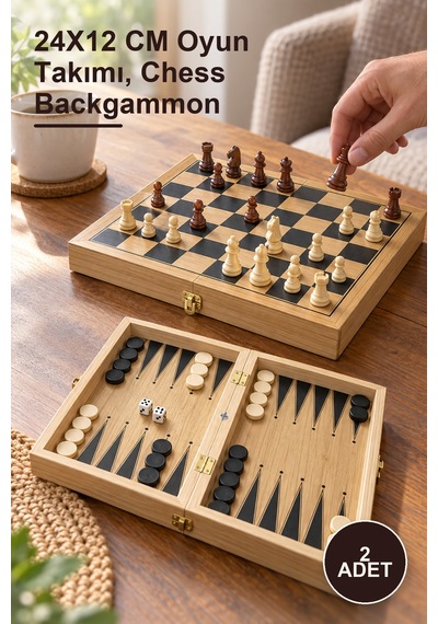 2 Adet Ahşap Satranç Ve Tavla Seti 24x12 Cm Oyun Takımı, Chess Backgammon
