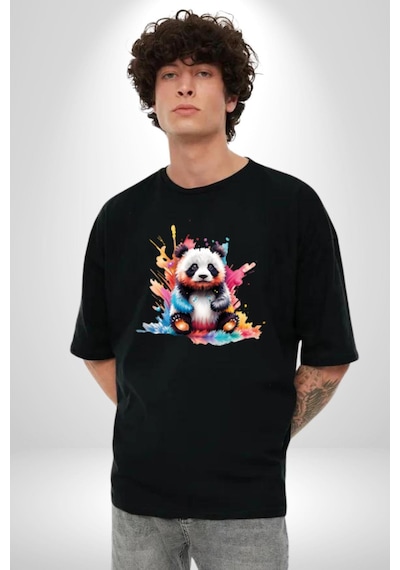 Renkli Yavru Panda Pamuklu Bisiklet Yaka Unisex Oversize Boyfriend Dijital Baskılı Siyah T-shirt Siyah