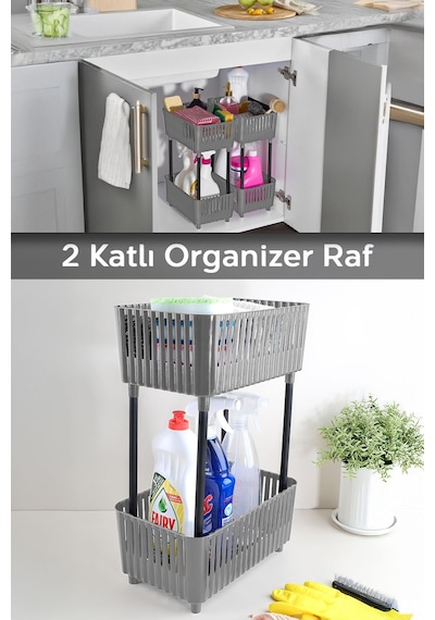 2 Katlı Düzenleyici Mutfak Banyo Rafı - Tezgah Altı Evye Altı Dolap Organizer Deterjanlık Gri Antrasit