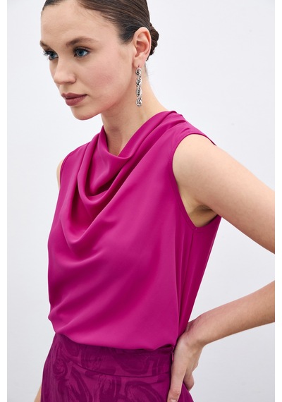 Sateen Degaje Yaka Kolsuz Bluz - Fuşya