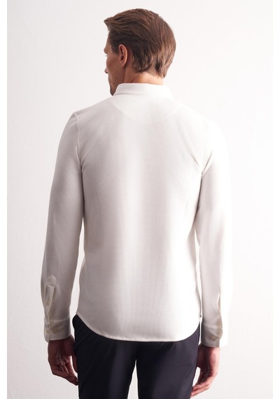 İmza Ekru Uzun Kol Düğmeli Yaka Kendinden Desenli Pamuklu Slim Fit Gömlek 1004255267 Ekru