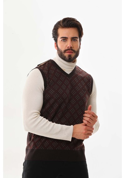 Pelikan Erkek V Yaka Desenli Süveter 9614 Kahverengi