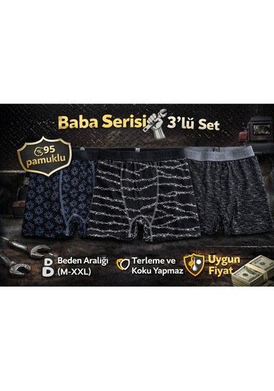Mercan 3'lü Pamuklu Boxer - Baba Serisi, Terleme Ve Koku Yapmaz Çok Renkli