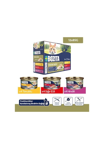 Bozita Tahılsız Tavuklu, Sığır Etli Ve Hindili Tahılsız Kedi Konservesi 12x85 Gr