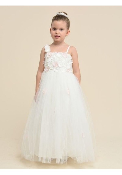 Zekids Kız Çocuk Çiçekli Askılı Uzun Abiye Elbise-13860 Krem