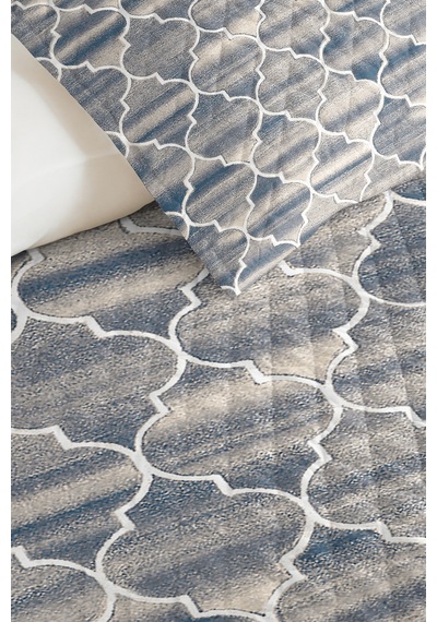 Mavi Geometrik Modern Pike Takımı - Beyaz Marakeş Stil Tek Kişilik Kapitone Yatak Örtüsü 160x220 Cm Kışlık İz Geçişi