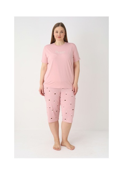 Estiva Kadın Kalp Alt Desenli Pembe Kısa Kollu Kaprili Soft Battal Pijama Takımı Çok renkli