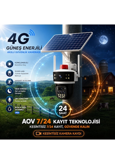 3x4mp 4+4+4 Güneş Panelli Kamera 4g Sim Kartlı 360 10x Zoom Akıllı Güvenlik Kamerası