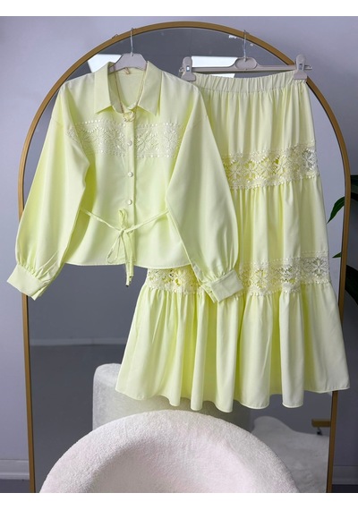 Lovie Moda Dantel Şeritli Gömlek Etekli Takım Sarı