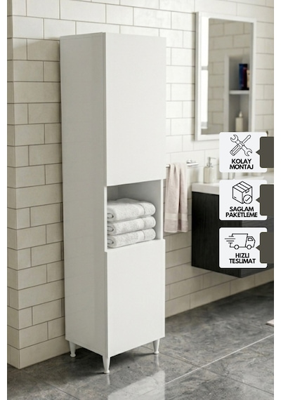 Çamaşır Sepetli Ayaklı Banyo Boy Dolabı, Çok Amaçlı Banyo Dolabı Beyaz